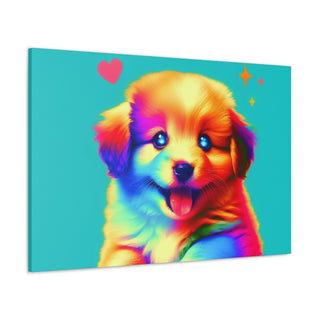 "Cuddly Canine Cutie" with a picture of an adorable puppy surrounded by bright pastel colors and playful elements like toys and flowers.- Canvas