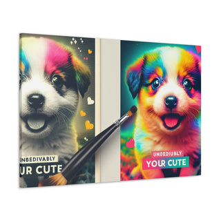 "Cuddly Canine Cuteness" with an adorable puppy frolicking in a field of vibrant flowers, showcasing its playful and curious nature with a big toothy grin on its face.- Canvas