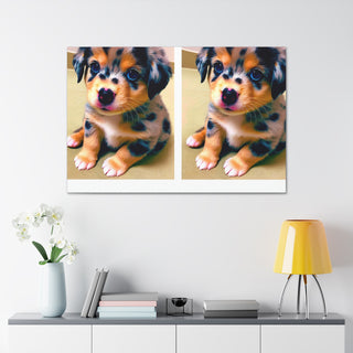 "Curious Paws: The Adventures of Your Cute Canine Companion" 
featuring a playful and happy puppy with a colorful mix of fur, showcasing their endless curiosity and irresistible cuteness.- Canvas