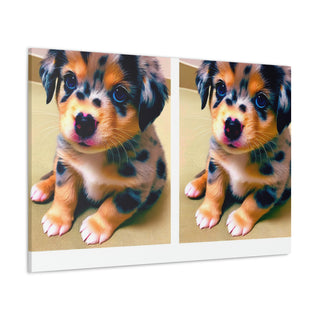 "Curious Paws: The Adventures of Your Cute Canine Companion" 
featuring a playful and happy puppy with a colorful mix of fur, showcasing their endless curiosity and irresistible cuteness.- Canvas