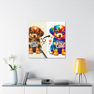 "Cuddly Canines: An Ode to Your Cuteness" with a playful, curious and happy puppy in pastel colors.- Canvas