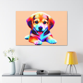 "Cuddly Canine Cuteness" featuring a playful, curious and happy puppy in shades of pastel pink and blue.- Canvas