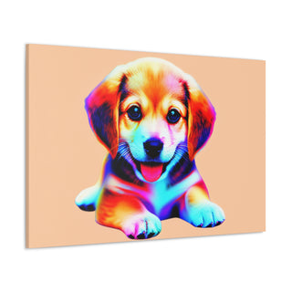 "Cuddly Canine Cuteness" featuring a playful, curious and happy puppy in shades of pastel pink and blue.- Canvas