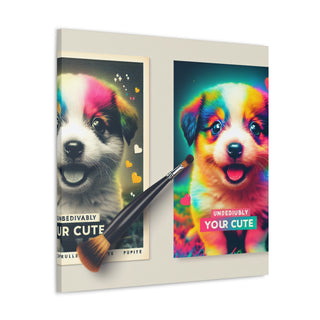 "Cuddly Canine Cuteness" with an adorable puppy frolicking in a field of vibrant flowers, showcasing its playful and curious nature with a big toothy grin on its face.- Canvas