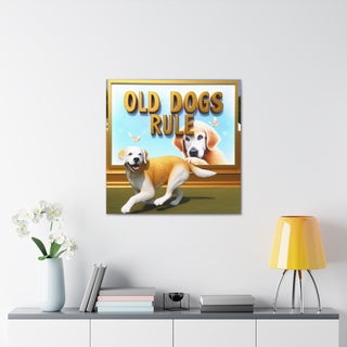 "Forever Young: Embracing the Spirit of Old Dogs" with an image of an old dog chasing a ball or playing fetch with a youthful glow in its eyes.- Canvas