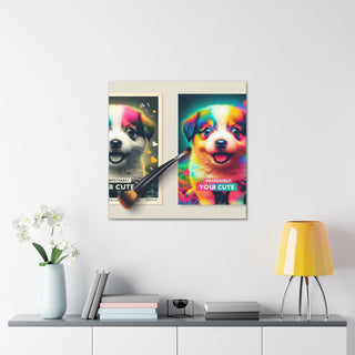 "Cuddly Canine Cuteness" with an adorable puppy frolicking in a field of vibrant flowers, showcasing its playful and curious nature with a big toothy grin on its face.- Canvas