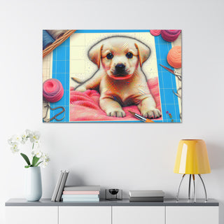 "Curious Canine Cuties" featuring the playful, curious, and happy puppy, Fluffball, in a colorful and heartwarming display of "Your Cute" text.- Canvas