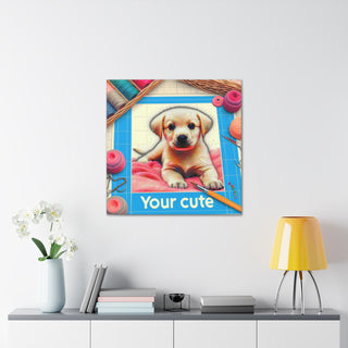 "Curious Canine Cuties" featuring the playful, curious, and happy puppy, Fluffball, in a colorful and heartwarming display of "Your Cute" text.- Canvas