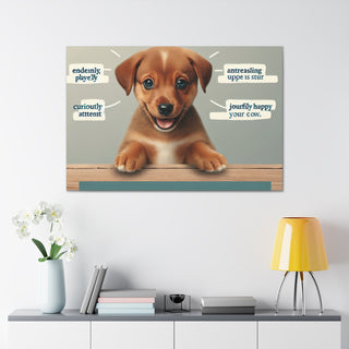 "Curious Paws" featuring a playful and happy puppy with pastel shades of pink and blue, radiating cuteness and joy.- Canvas