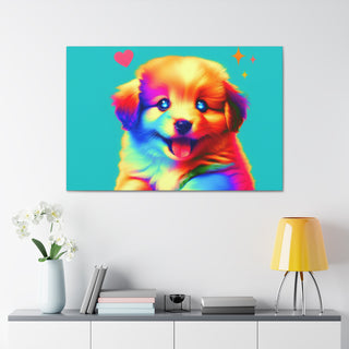 "Cuddly Canine Cutie" with a picture of an adorable puppy surrounded by bright pastel colors and playful elements like toys and flowers.- Canvas