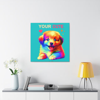 "Cuddly Canine Cutie" with a picture of an adorable puppy surrounded by bright pastel colors and playful elements like toys and flowers.- Canvas