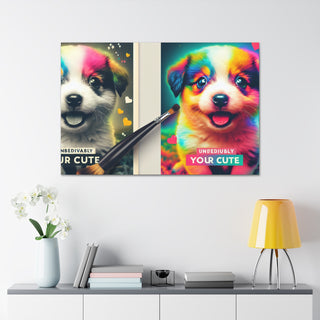 "Cuddly Canine Cuteness" with an adorable puppy frolicking in a field of vibrant flowers, showcasing its playful and curious nature with a big toothy grin on its face.- Canvas